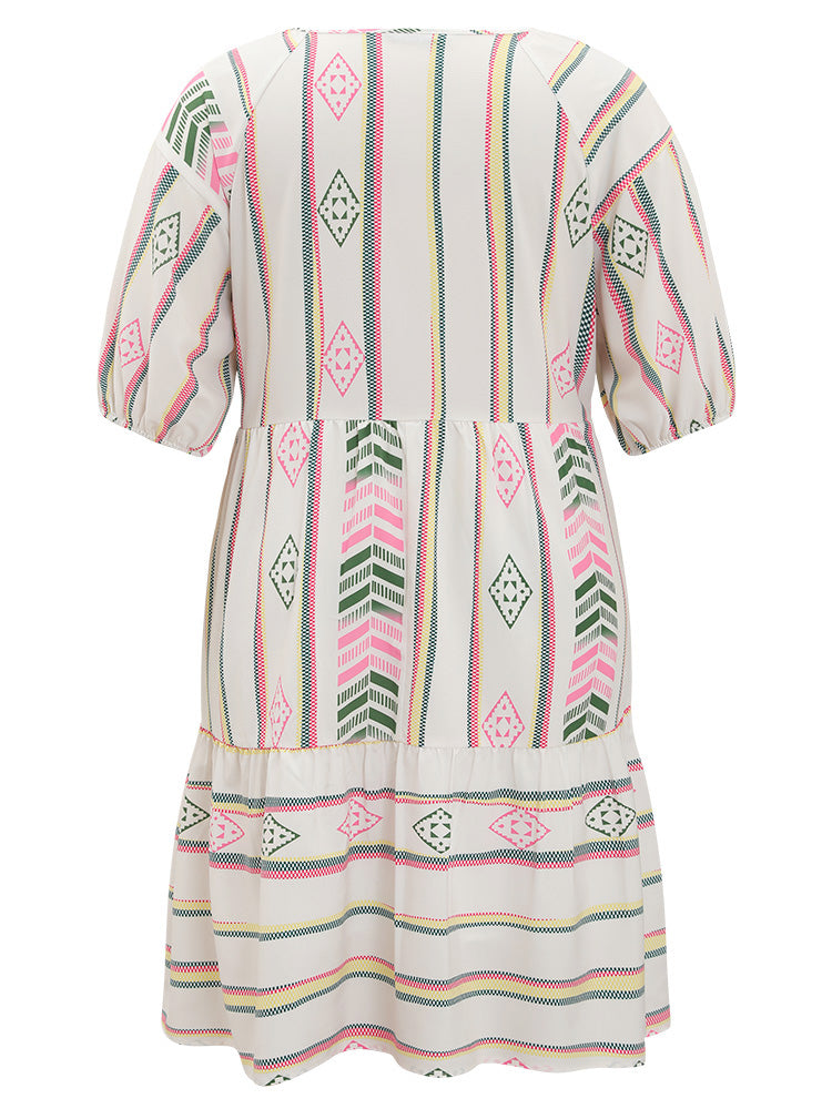 Geometric Print Fultter Pocket Lantern Sleeve Dress