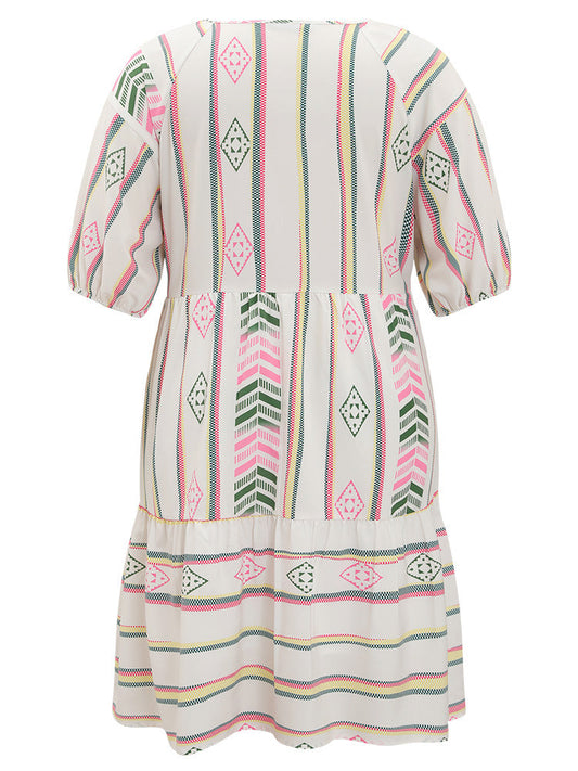 Geometric Print Fultter Pocket Lantern Sleeve Dress