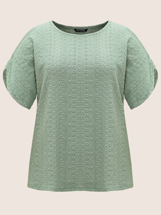 Plain Texture Round Neck Cut Out T-shirt