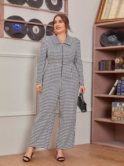 O-ring Zipper Front Houndstooth Tweed Jumpsuit
