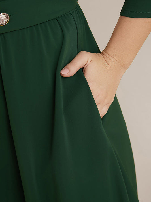 Plain Round Neck Pocket Button Detail Flutter Midi Dress