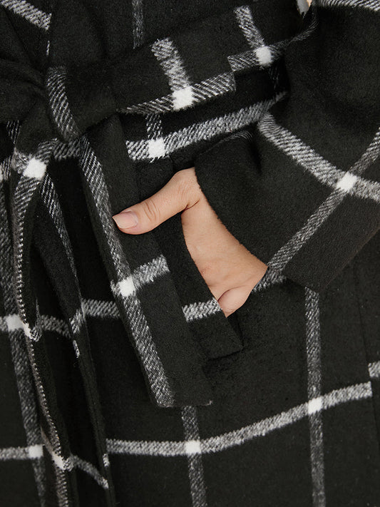 Plaid Lapel Collar Pocket Belted Open Front Coat