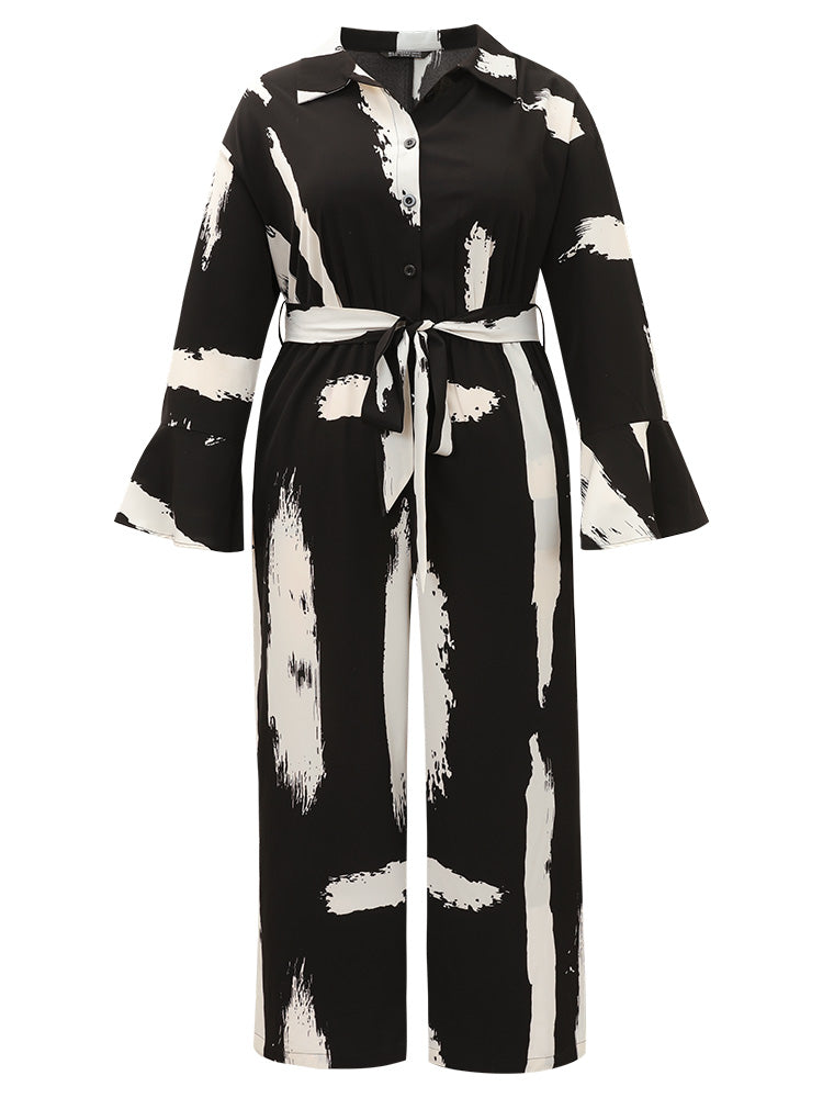 Brush Print Button Up Belted Bell Sleeve Jumpsuit