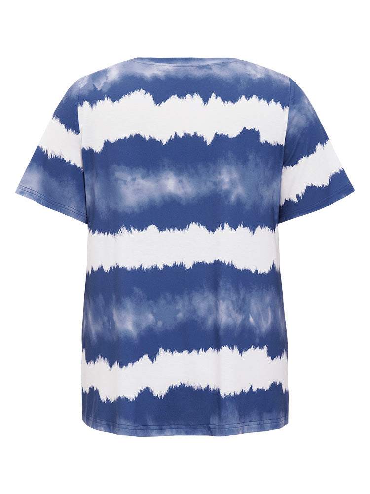 Striped Print V Neck Tie Dye T-shirt