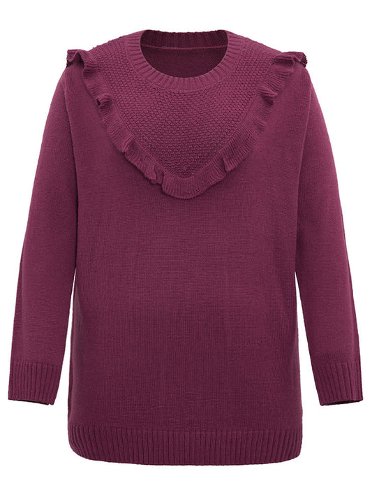 Solid Flutter Trim Plisse Loose Pullover