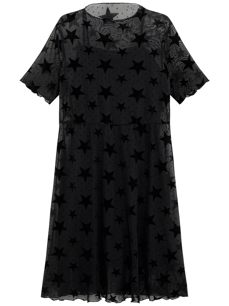 Star Graphic Mesh Elastic Waist Midi Dress