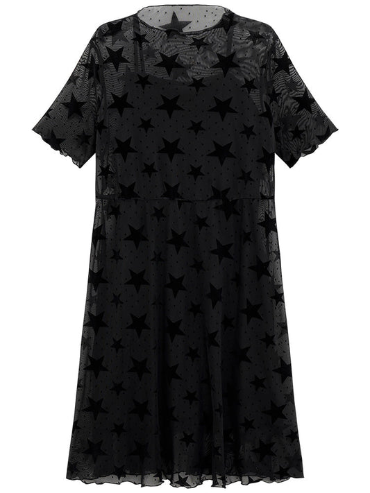 Star Graphic Mesh Elastic Waist Midi Dress