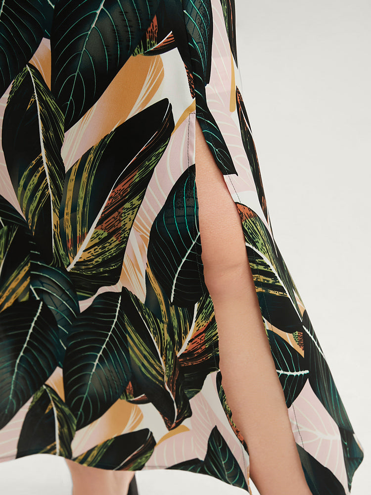 Tropical Print Pocket Ruffles Cold Shoulder Split Hem Dress