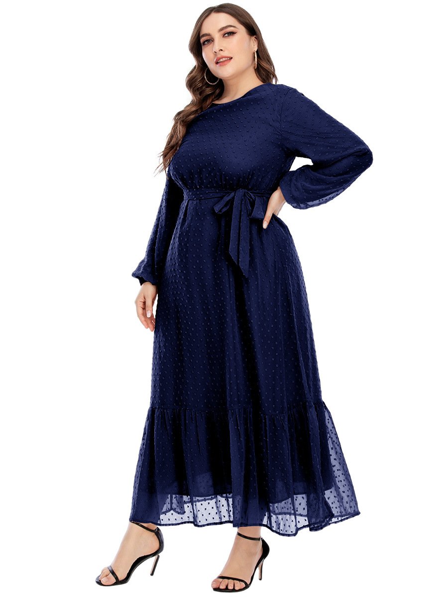 Dot Mesh Belt Round Neck Maxi Dress