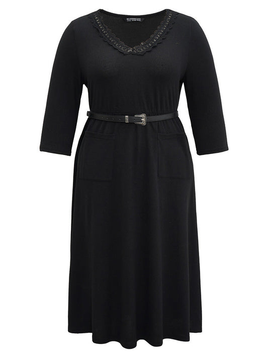 Guipure Lace Buckle Detail Belted Pocket Dress