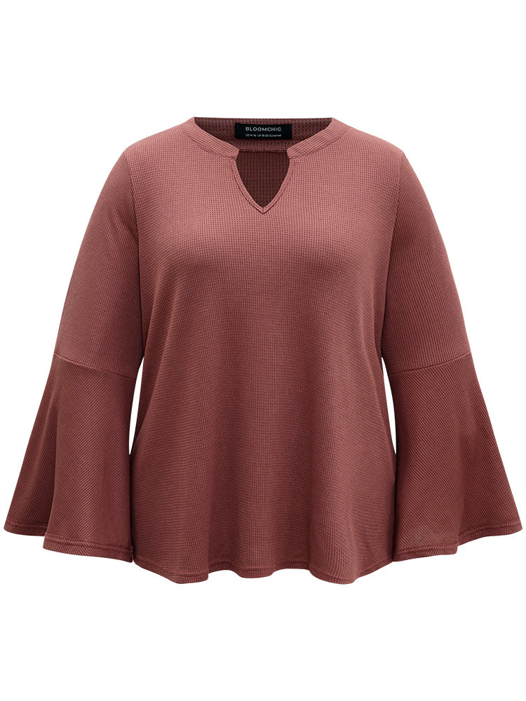 Solid Waffle Knit Notched Ruffle Sleeve T-shirt