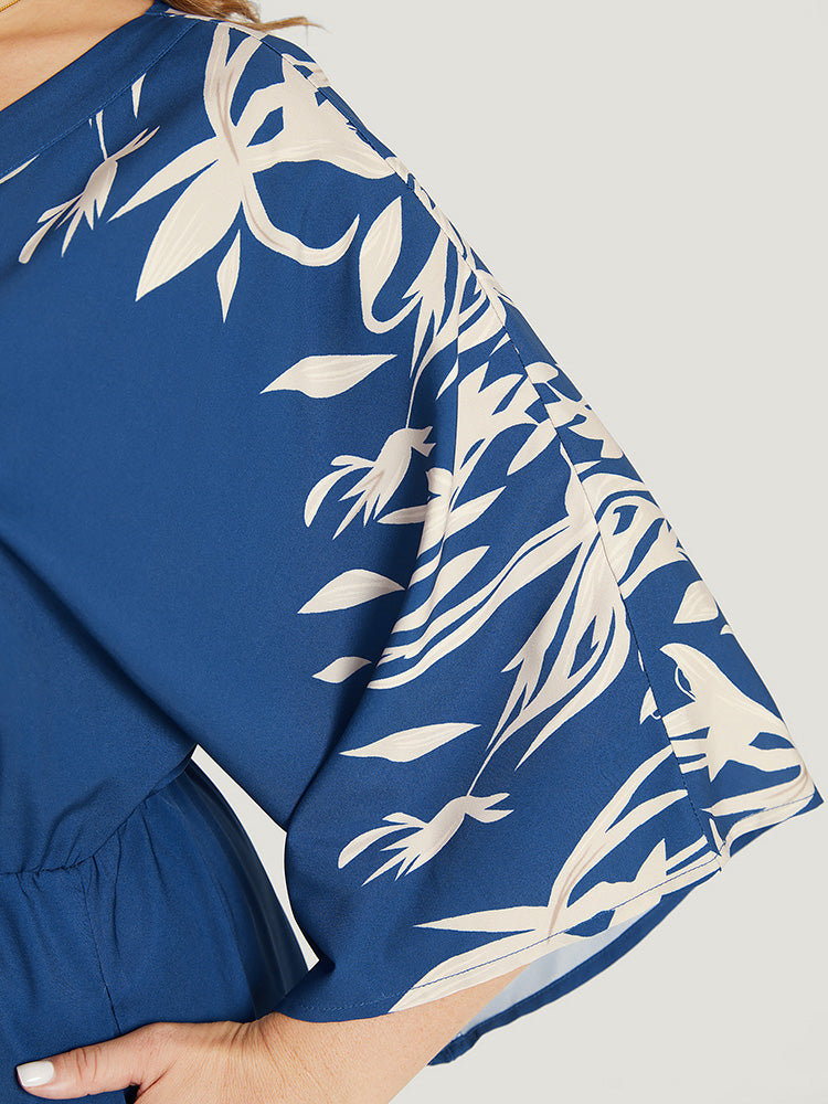 Plant Print Button Detail Pocket Flounce Sleeve Knot Ruffle Dress