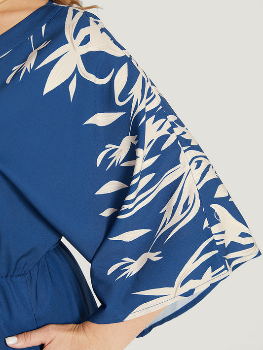 Plant Print Button Detail Pocket Flounce Sleeve Knot Ruffle Dress