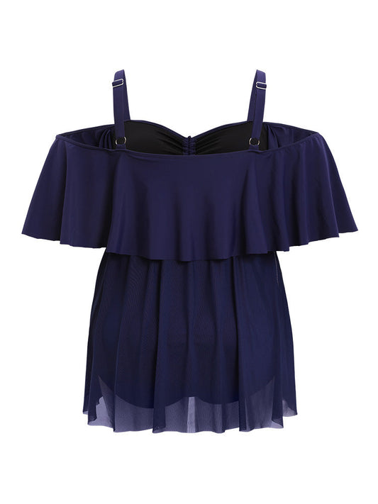 Cape Detail Drawstring Ruffle Trim Cold Shoulder Swim Dress