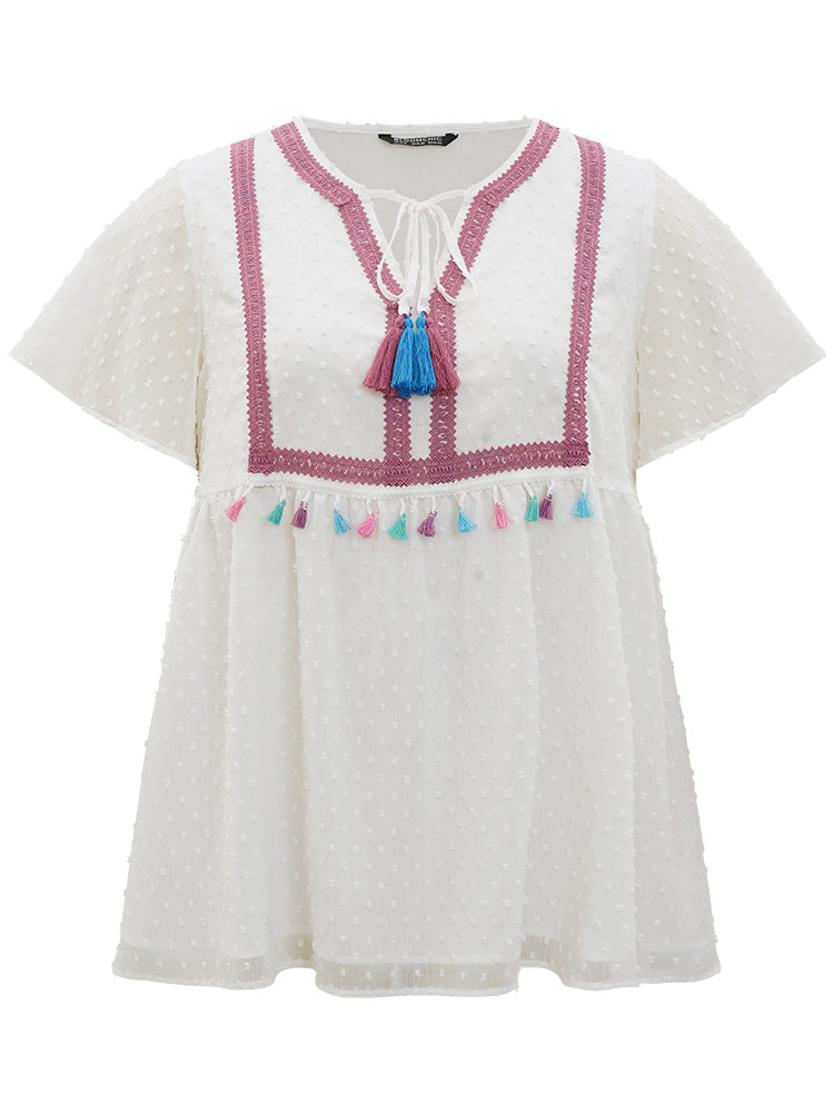 Polka Dot Tassels Ties Mesh Patchwork Contrast Blouse