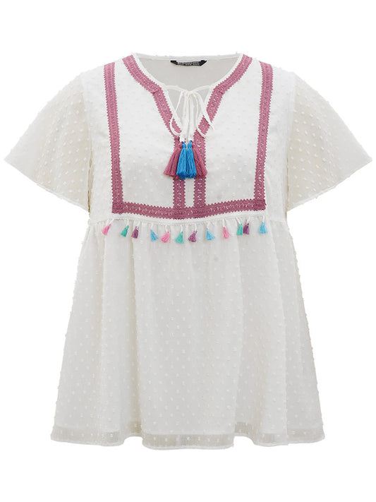 Polka Dot Tassels Ties Mesh Patchwork Contrast Blouse