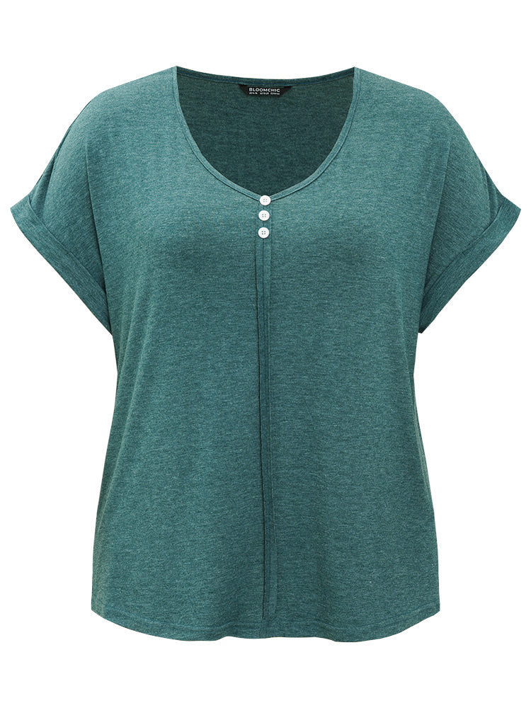Plain V Neck Button Detail Roll Dolman Sleeve T-shirt