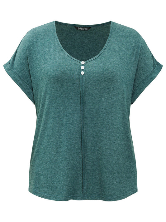 Plain V Neck Button Detail Roll Dolman Sleeve T-shirt