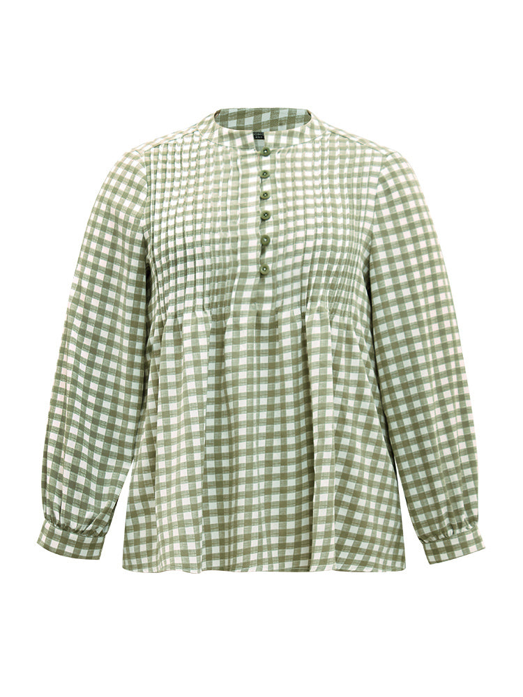 Gingham Pleated Button Up Lantern Sleeve Blouse