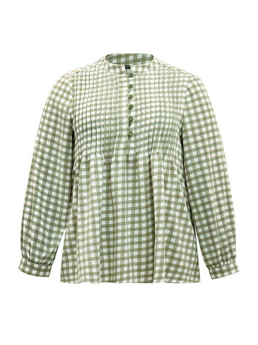 Gingham Pleated Button Up Lantern Sleeve Blouse