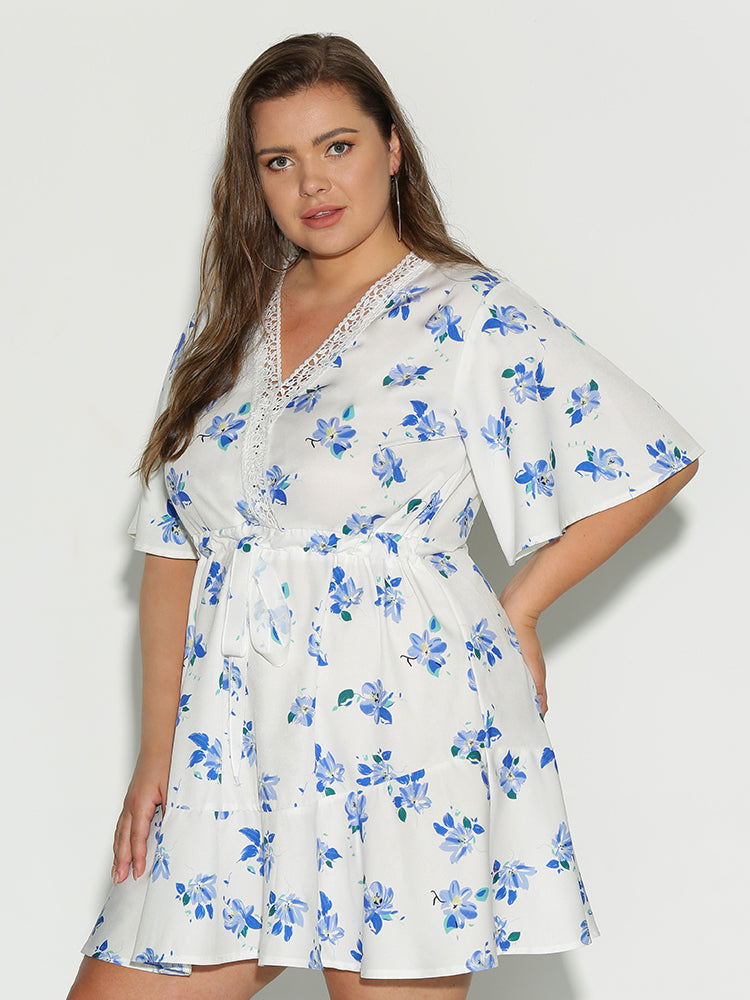 Ditsy Floral Lace Neck Dress