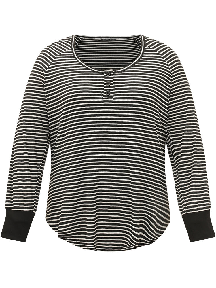 Striped Button Up Curved Hem Patchwork T-shirt