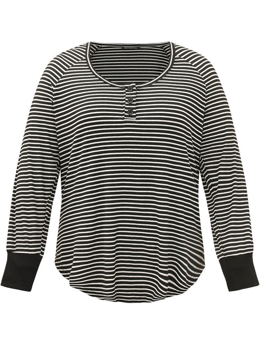 Striped Button Up Curved Hem Patchwork T-shirt