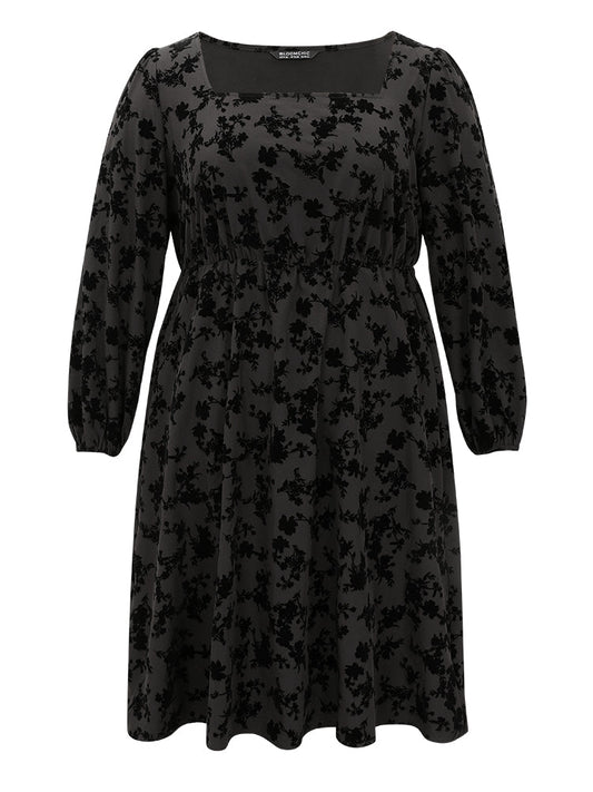 Silhouette Floral Print Flocking Square Neck Gathered Dress