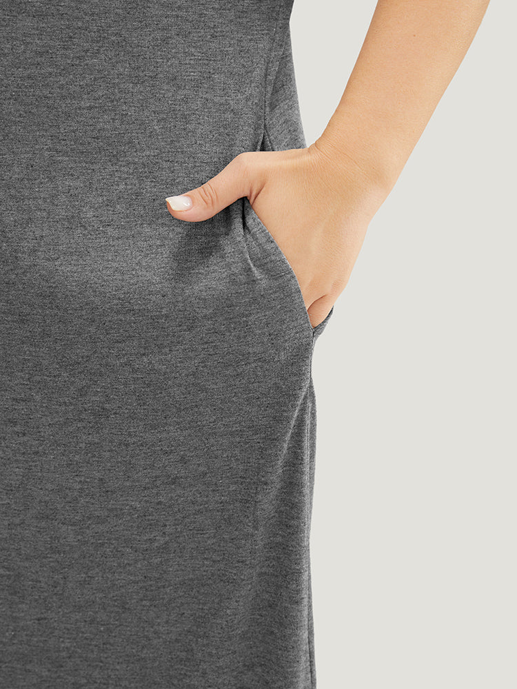 Solid Arc Hem Pocket Contrast Lace Dress