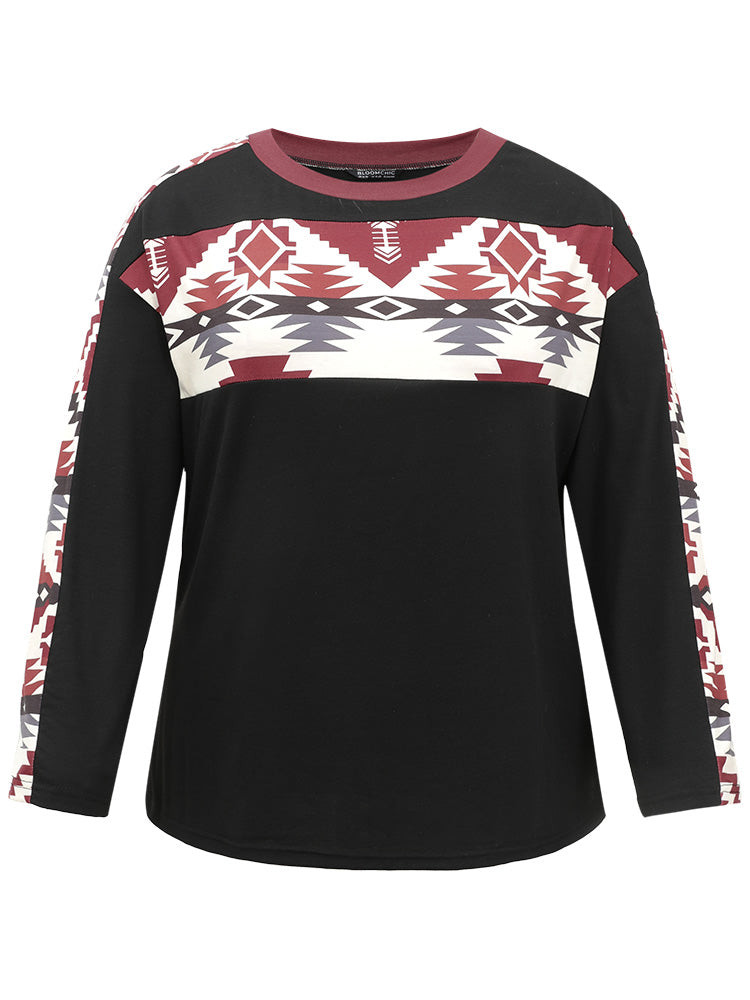 Geometric Patchwork Contrast Round Neck T-shirt