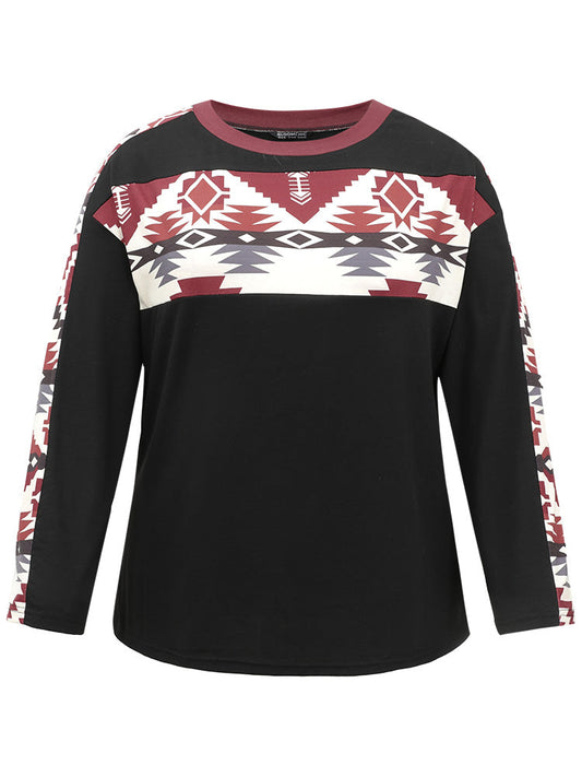 Geometric Patchwork Contrast Round Neck T-shirt