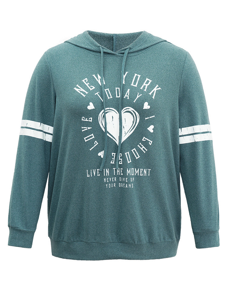 Letter & Heart Print Hooded Drawstring Sweatshirt