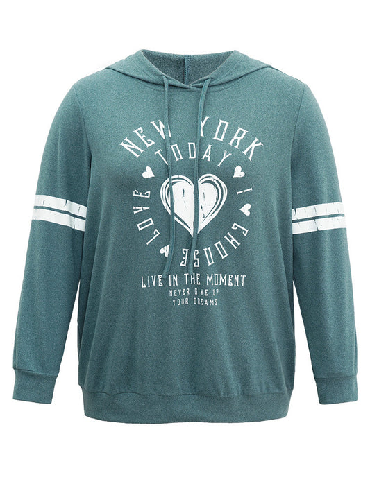 Letter & Heart Print Hooded Drawstring Sweatshirt