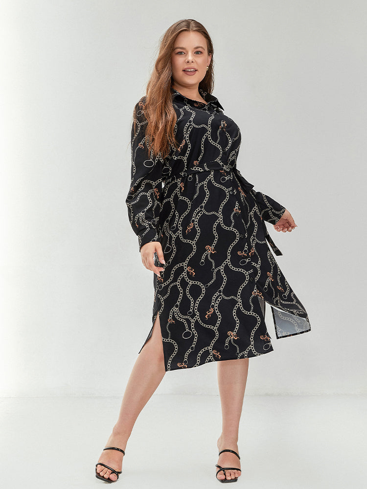 Chain print Split Hem Lapel Collar Dress