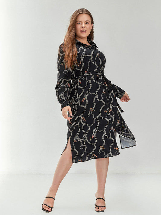 Chain print Split Hem Lapel Collar Dress