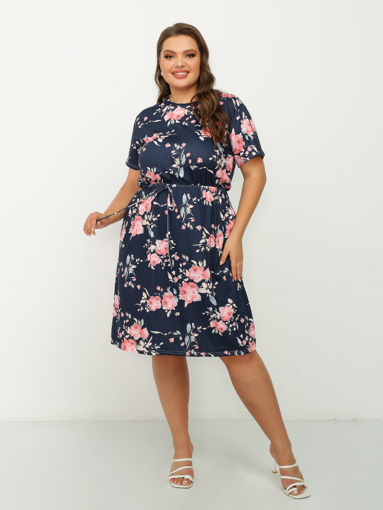 Floral Round Neck Short Sleeve Dress
