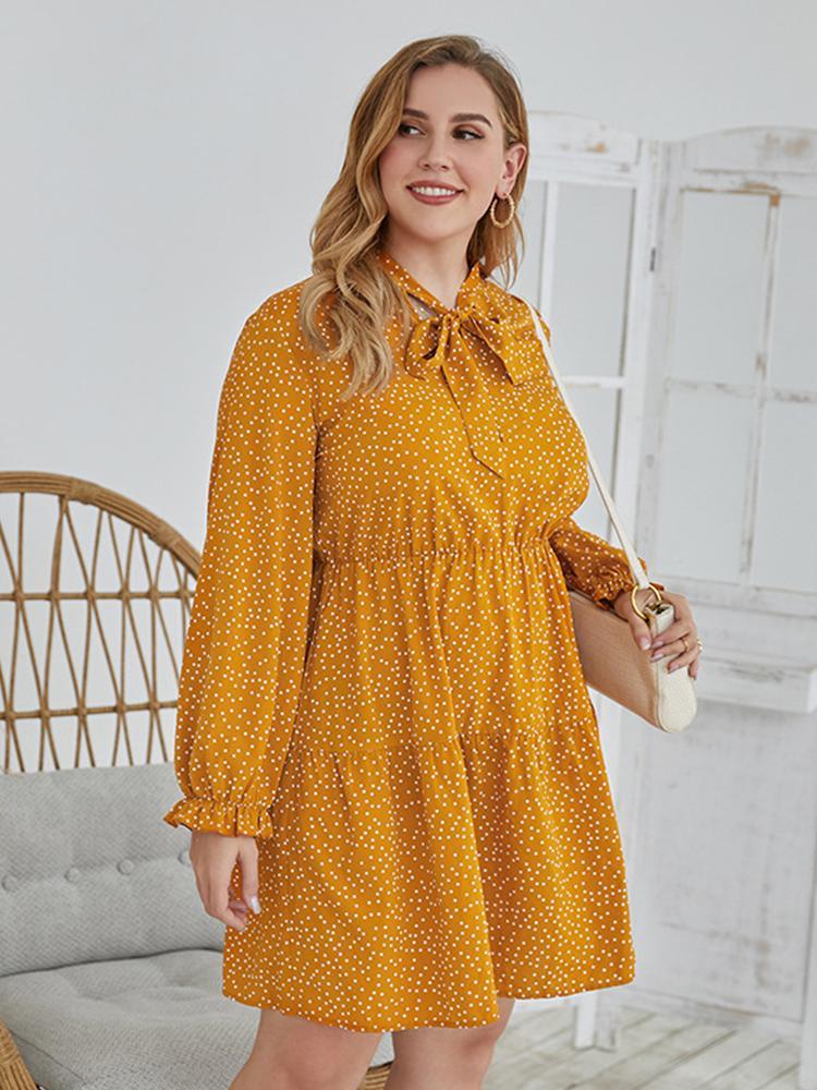 Dot Printed Cravat Pleated Dress