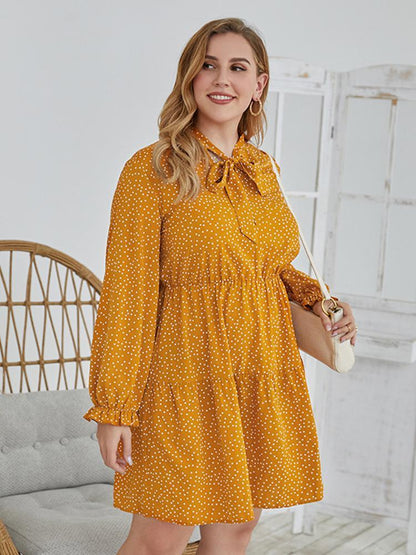 Dot Printed Cravat Pleated Dress