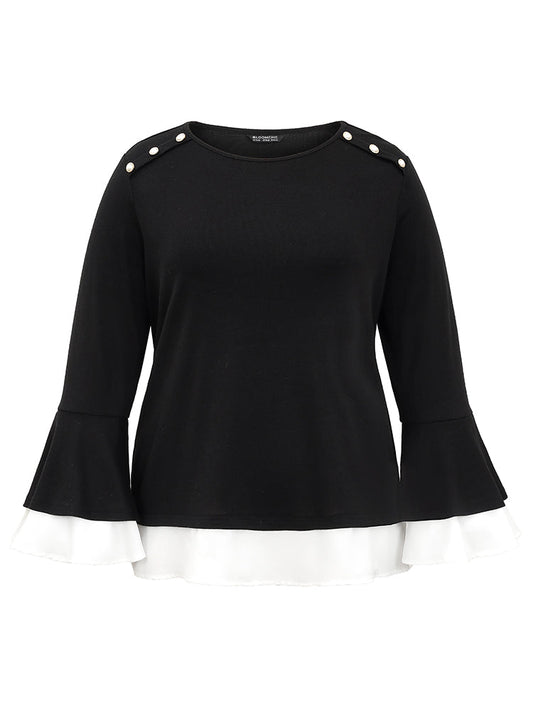 Contrast Tiered Bell Sleeve Button Detail T-shirt