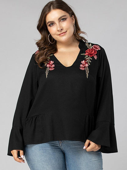 Floral Embroidery V-neck Loose Top