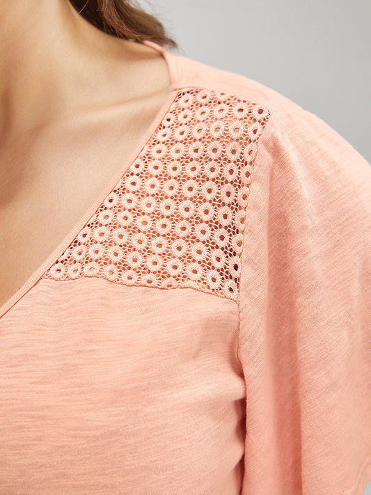 Plain Ruffle Sleeve V Neck Crochet Lace T-shirt