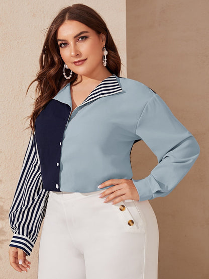 Collared Colorblock Striped Sleeve Blouse