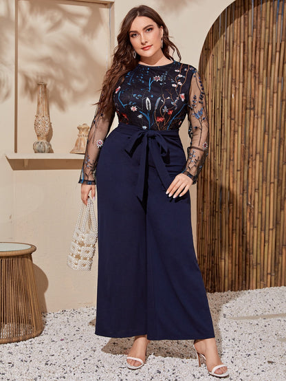 Embroidery Mesh Bodice Self Belted Wide Leg Jumpsuit