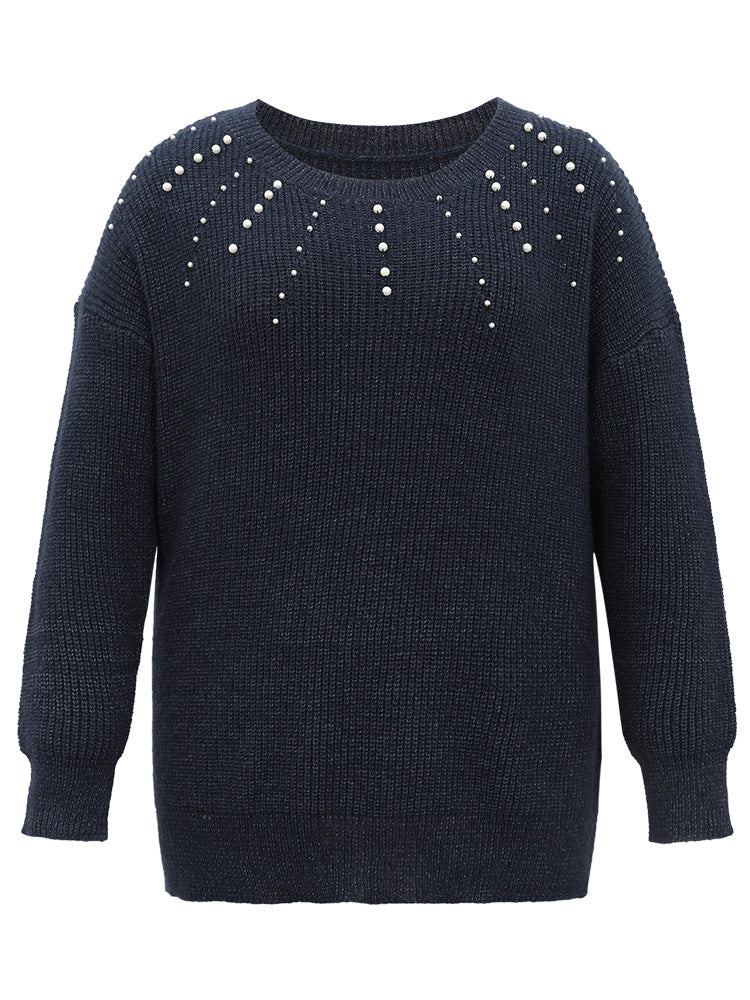 Beaded Round Neck Elastic Cuffs Pullover