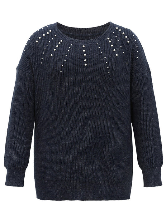 Beaded Round Neck Elastic Cuffs Pullover