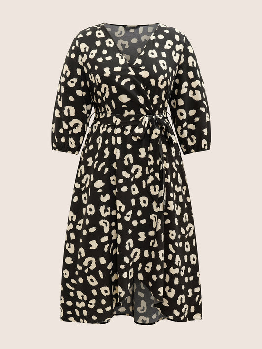 Leopard Overlap Collar Elastic Waist Belted Dress