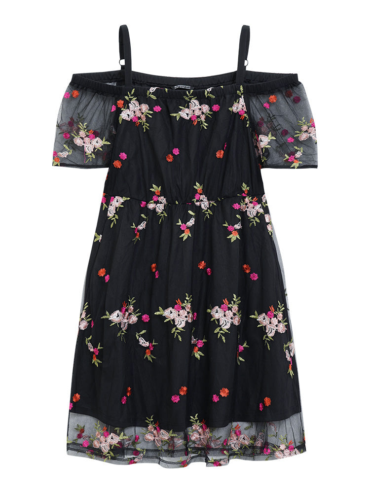 Floral Embroidered Cold Shoulder Mesh Cami Dress