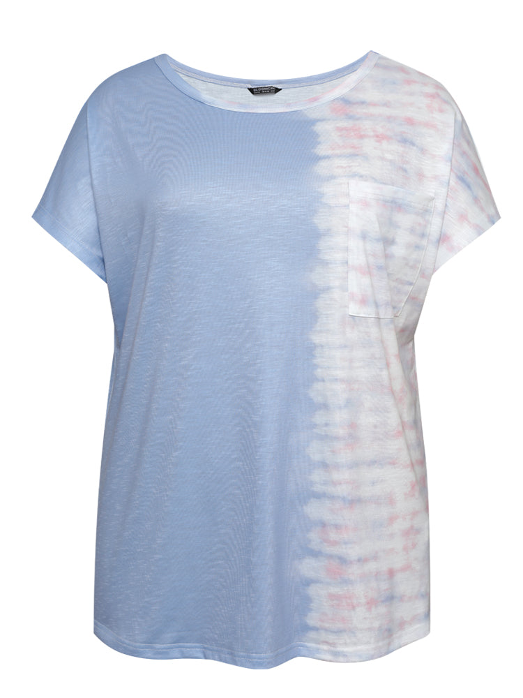 Tie Dye Batwing Sleeve Cut Out Two Tone T-shirt