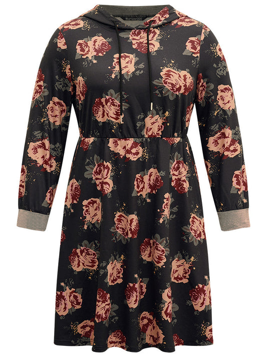 Floral Elastic Waist Hooded Drawstring Pocket Dress