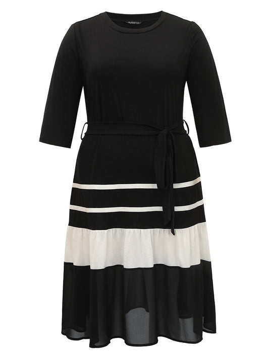 Colorblock Contrast Belted Ruffle Layered Hem Dress